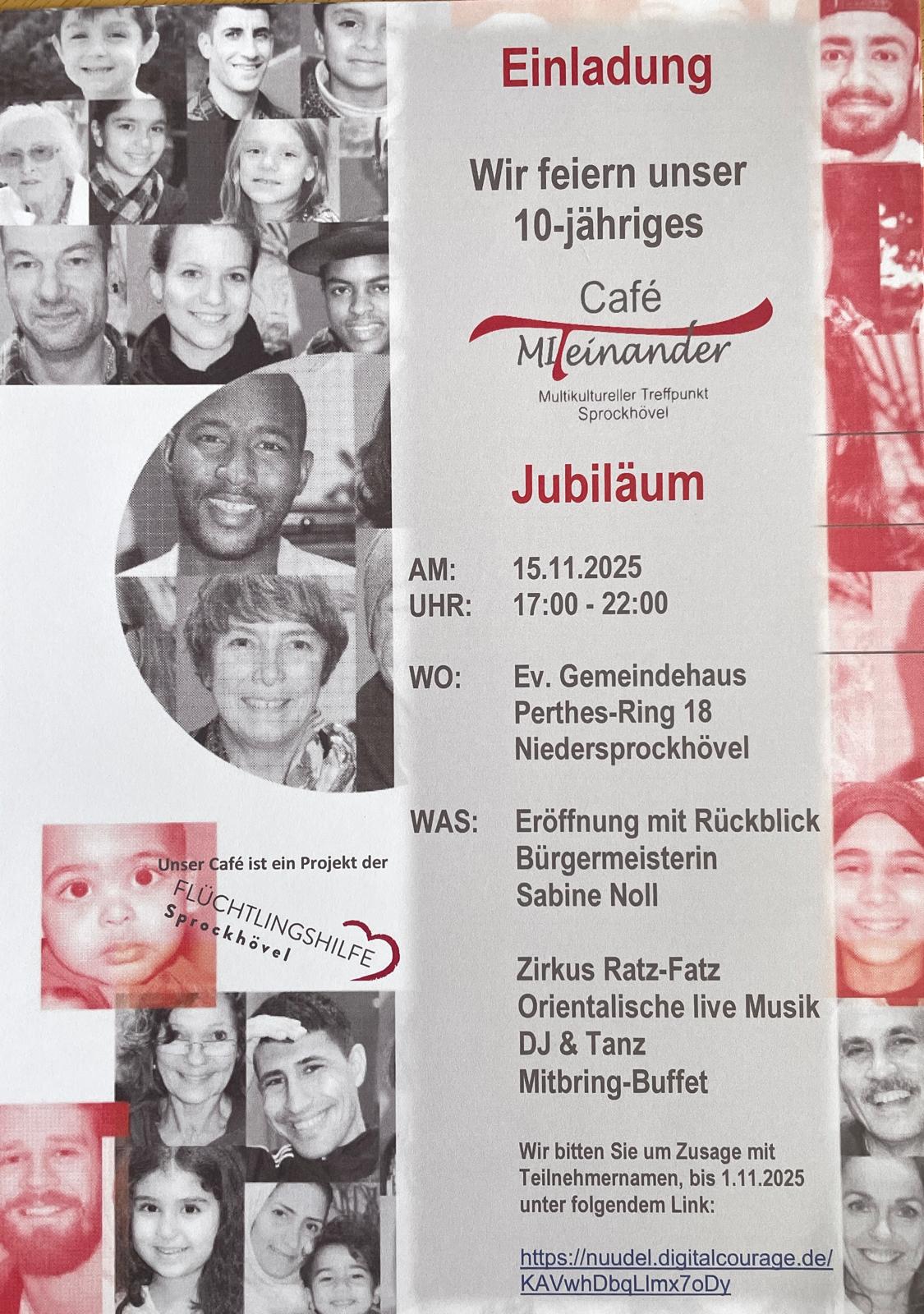Flyer zur Einladung des 10-jährigen Jubiläums des Café Miteinander mit Datum, Programm und vielen Porträtfotos verschiedener Menschen als Collage.