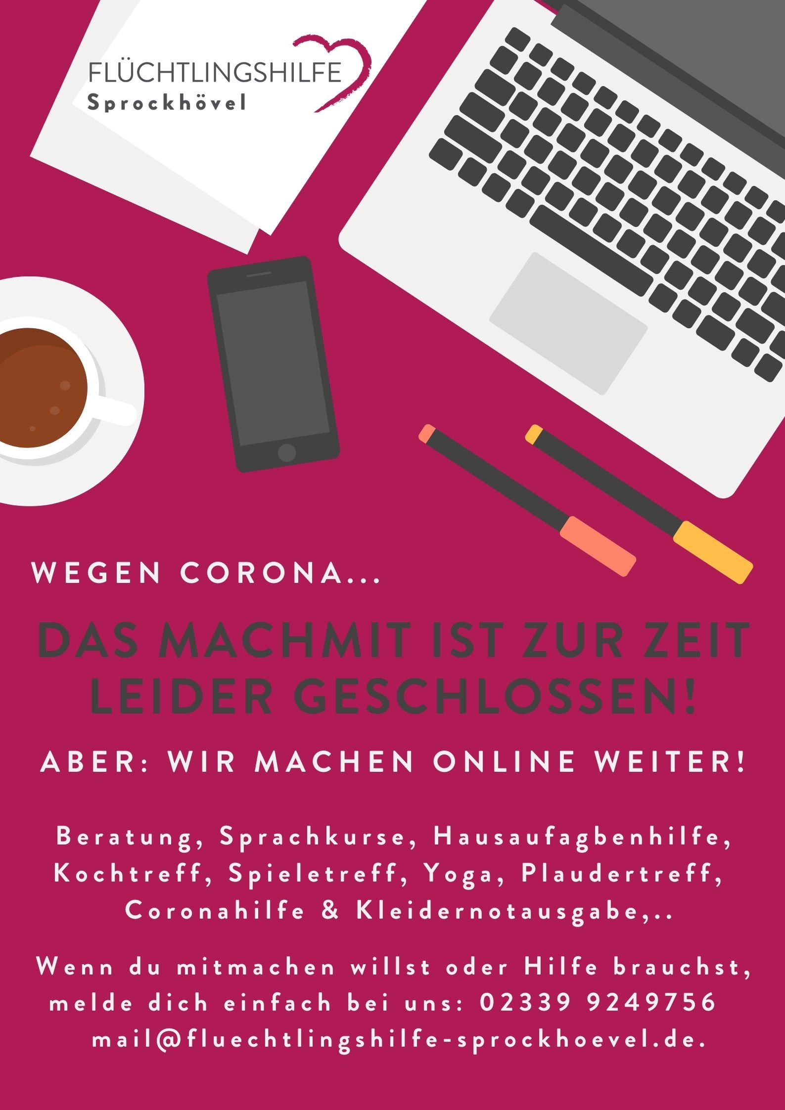 Aushang zu Angeboten der Flüchtlingshilfe in Corona-Zeiten