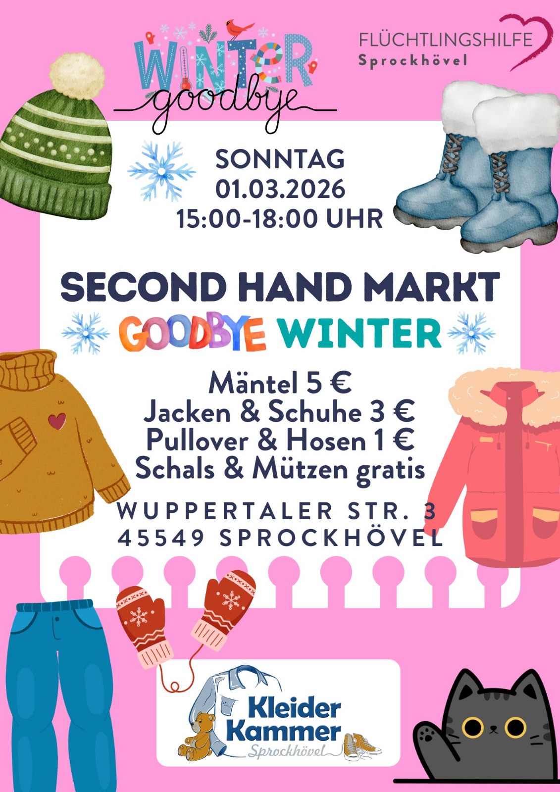 Plakat für einen „Second Hand Markt – Goodbye Winter“ der Flüchtlingshilfe Sprockhövel. Termin: Sonntag, 01.03.2026, 15:00–18:00 Uhr.