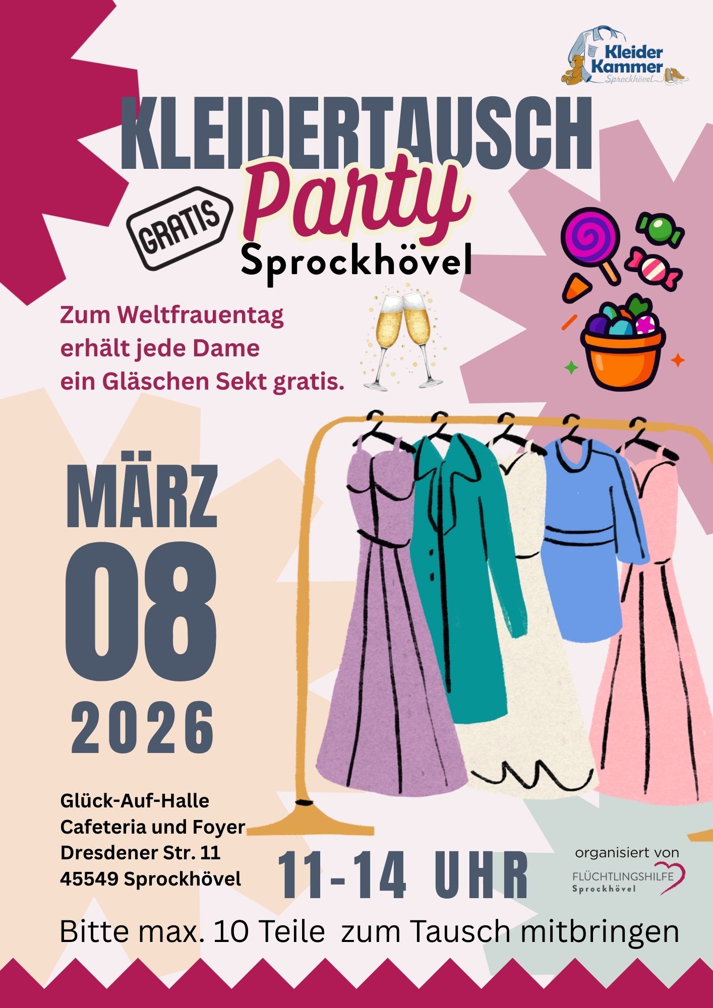 Kleidertausch-Party 8.3.2026, 11–14 Uhr, Glück-Auf-Halle Sprockhövel.