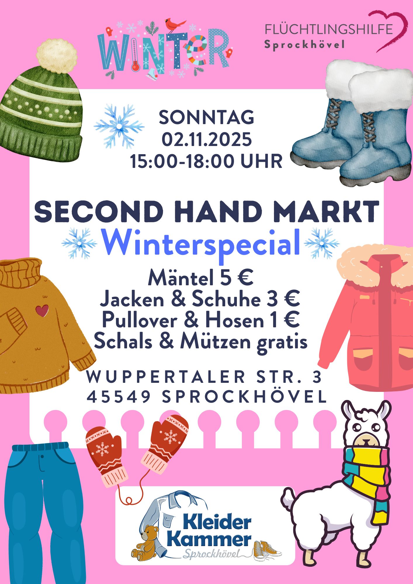 Bunt gestaltetes Plakat für den „Second Hand Markt – Winterspecial“ der Flüchtlingshilfe Sprockhövel am Sonntag, den 2. November 2025 von 15:00 bis 18:00 Uhr in der Wuppertaler Straße 3, 45549 Sprockhövel.