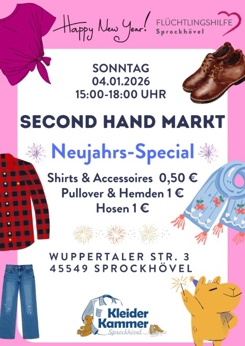 Plakat für Second-Hand-Markt am 04.01.2026, 15–18 Uhr in Sprockhövel. Neujahrs-Special mit günstiger Kleidung. Bunte Grafiken von Hemd, Hose, Schuhen, Schal und Feuerwerk. Logo „Kleiderkammer“.