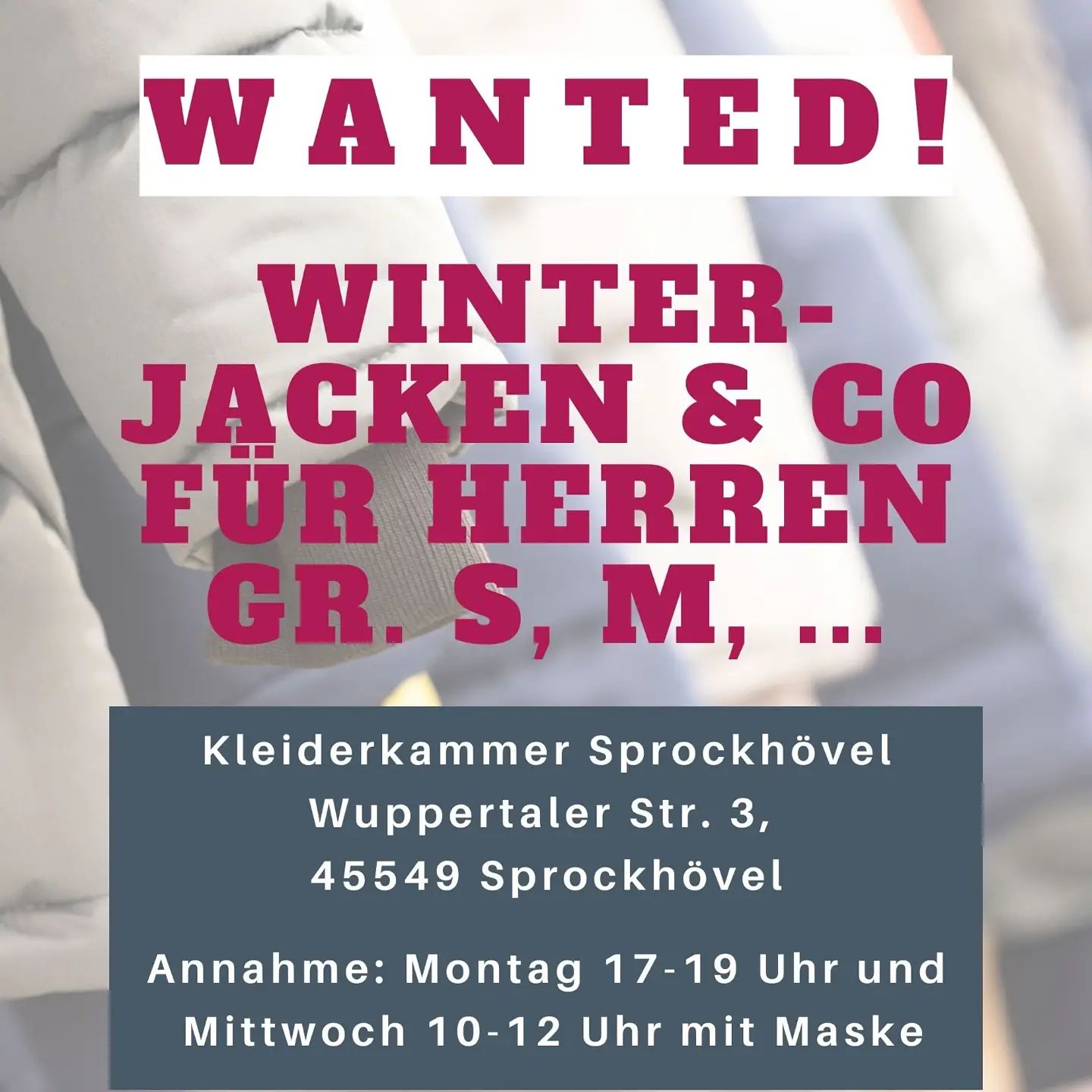 Plakat: Aufruf Winterjacken & Co