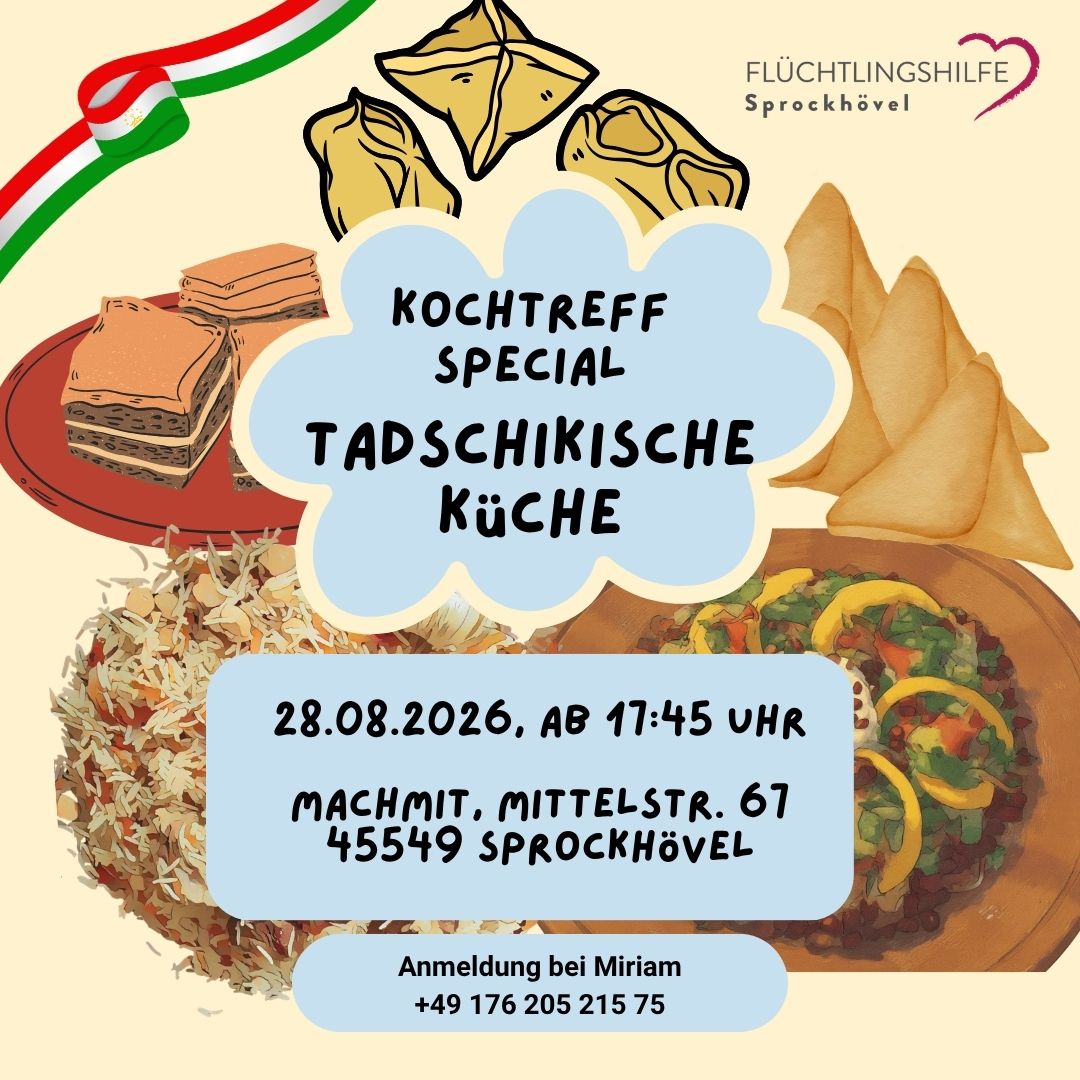 Ankündigung zum Kochtreff tadschikische Küche mit traditionellen Gerichten am 28. August in Sprockhövel.